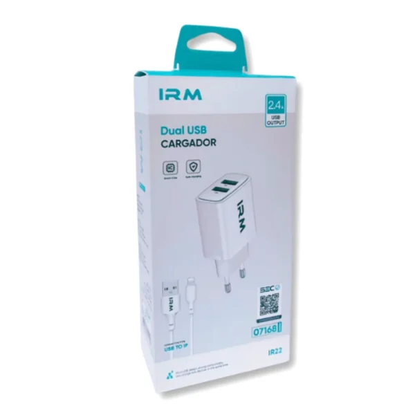 IRM CARGADOR DUAL 24A IR18 Con Cable USB A a LIGHTNING BLANCO SEC